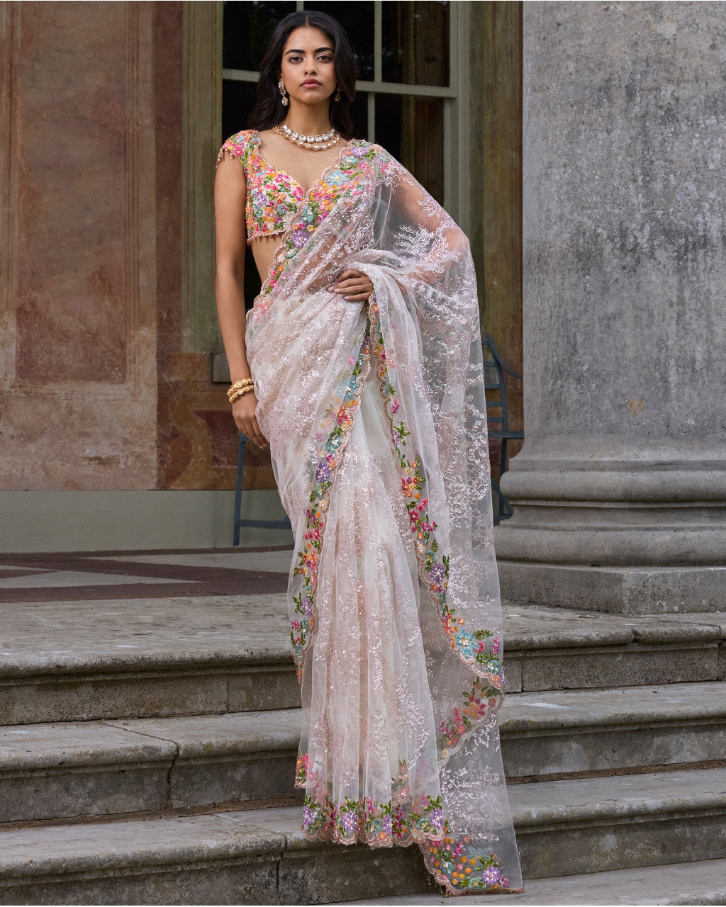 Nude Multi- Coloured Sari Set