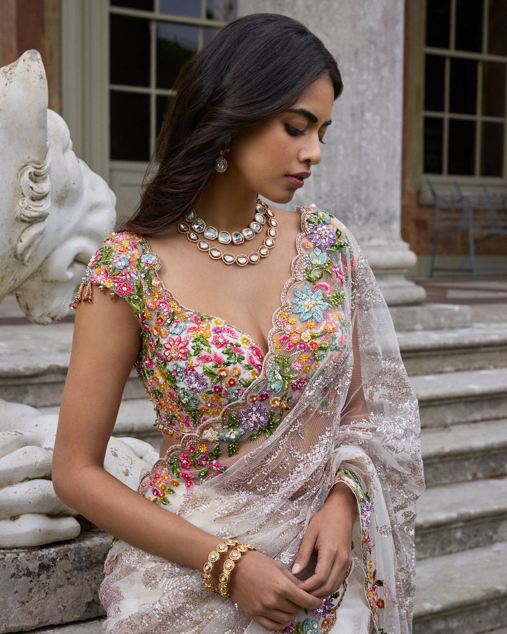 Nude Multi- Coloured Sari Set