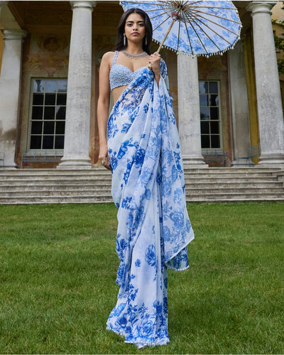 Ivory & Blue Sequin Sari Set