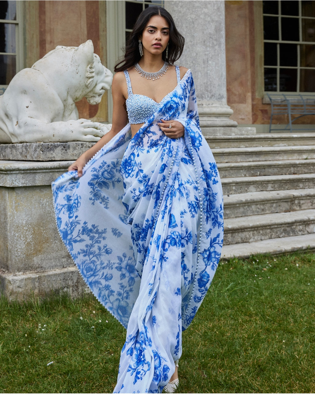 Ivory & Blue Sequin Sari Set
