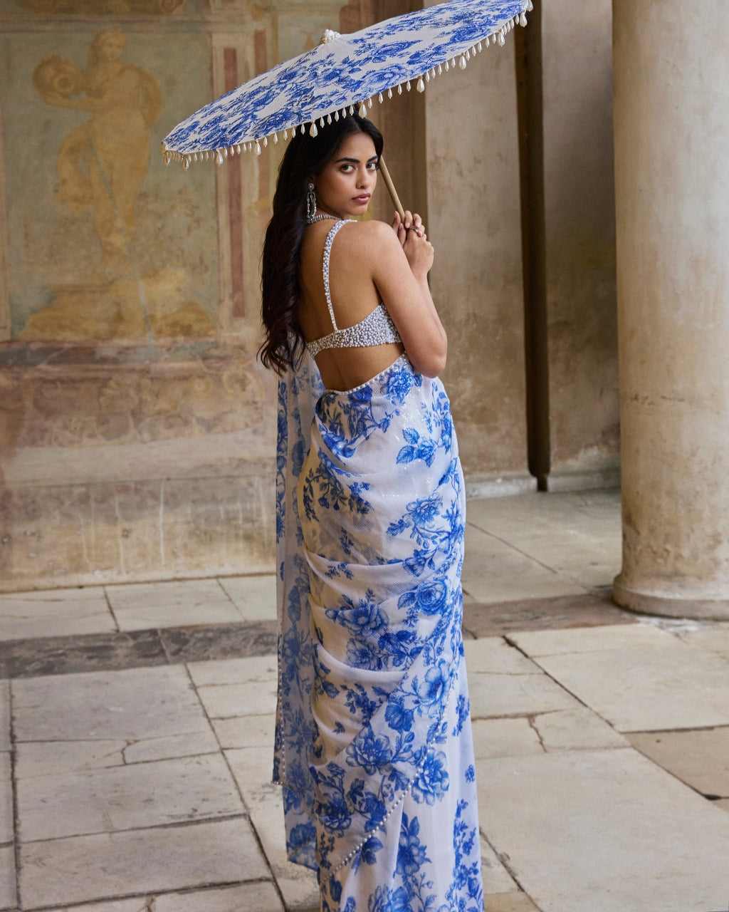 Ivory & Blue Sequin Sari Set