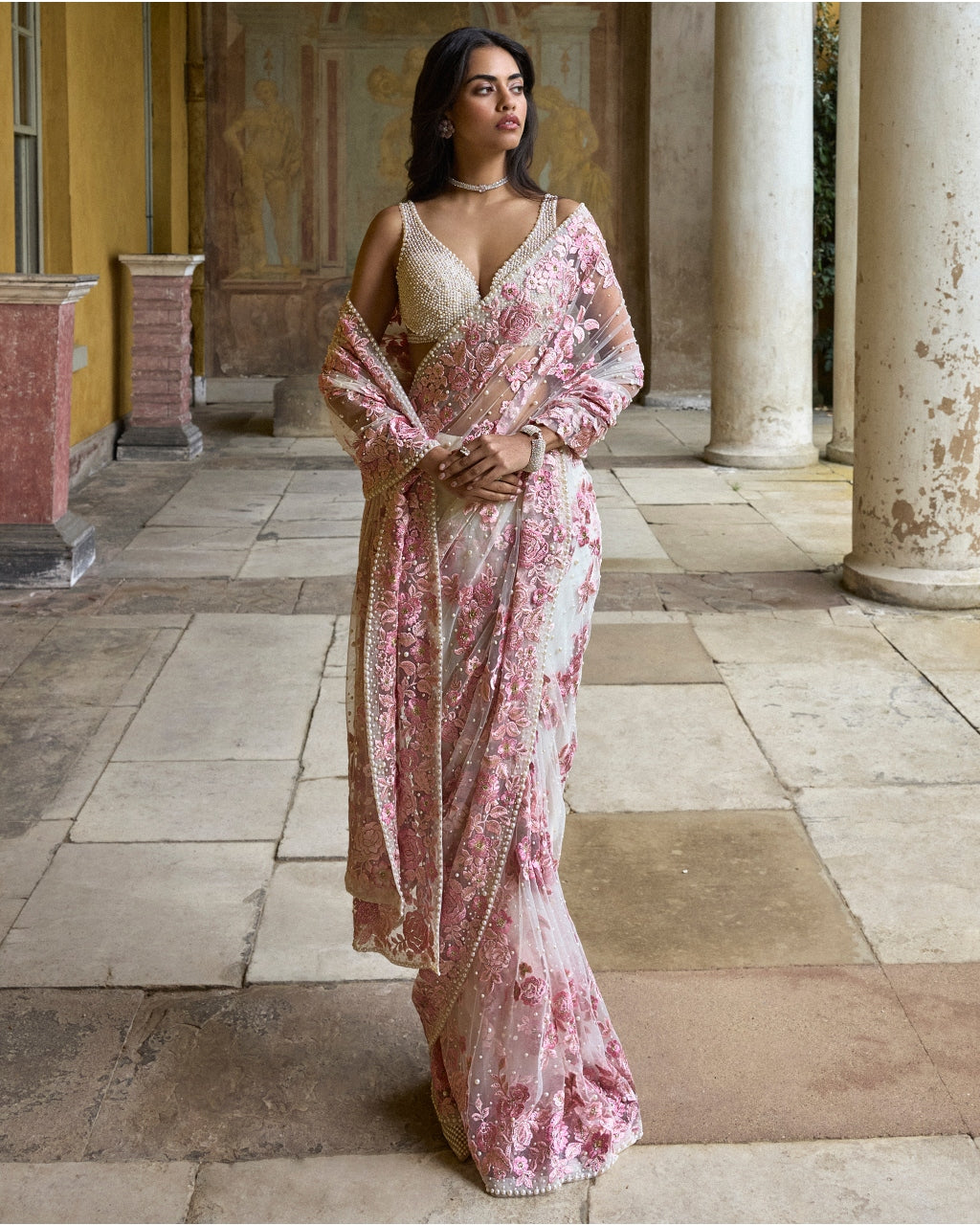 Pastel Pink Thread Work Sari Set
