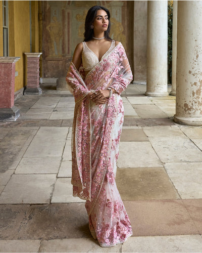 Pastel Pink Thread Work Sari Set