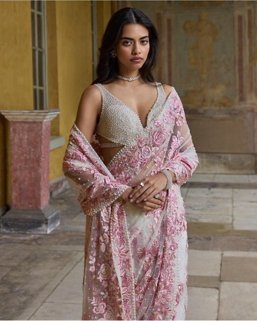Pastel Pink Thread Work Sari Set