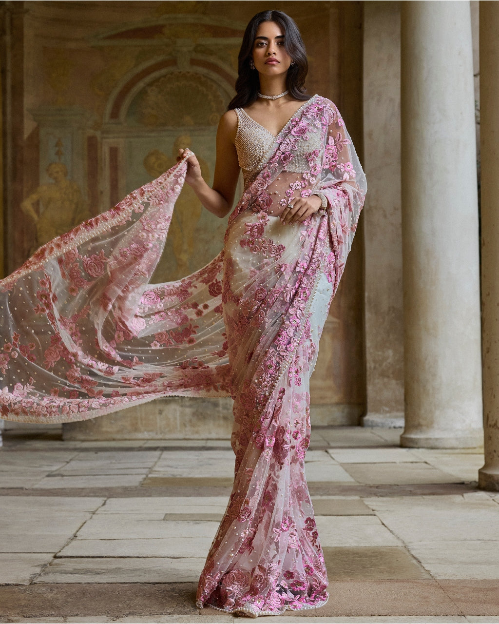 Pastel Pink Thread Work Sari Set
