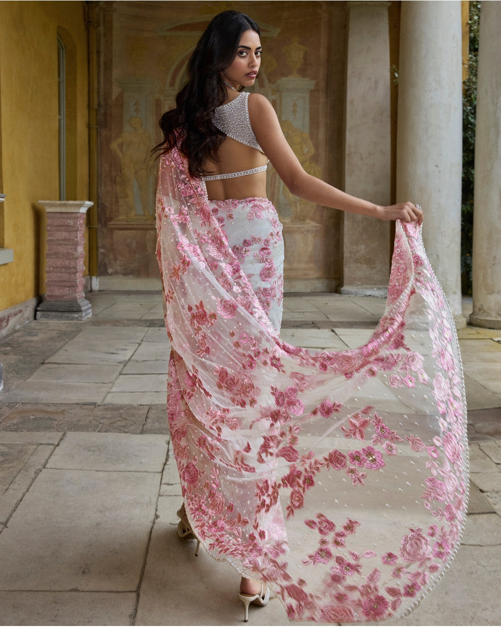 Pastel Pink Thread Work Sari Set