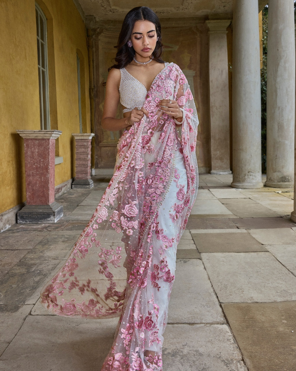Pastel Pink Thread Work Sari Set