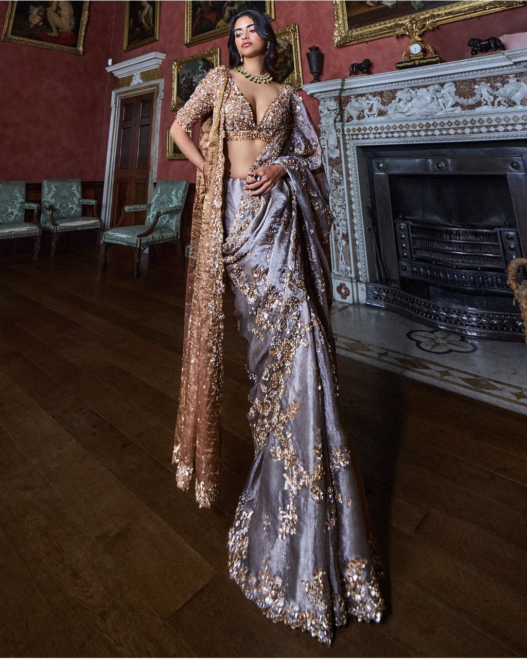 Gun Metal Sequin Sari Set