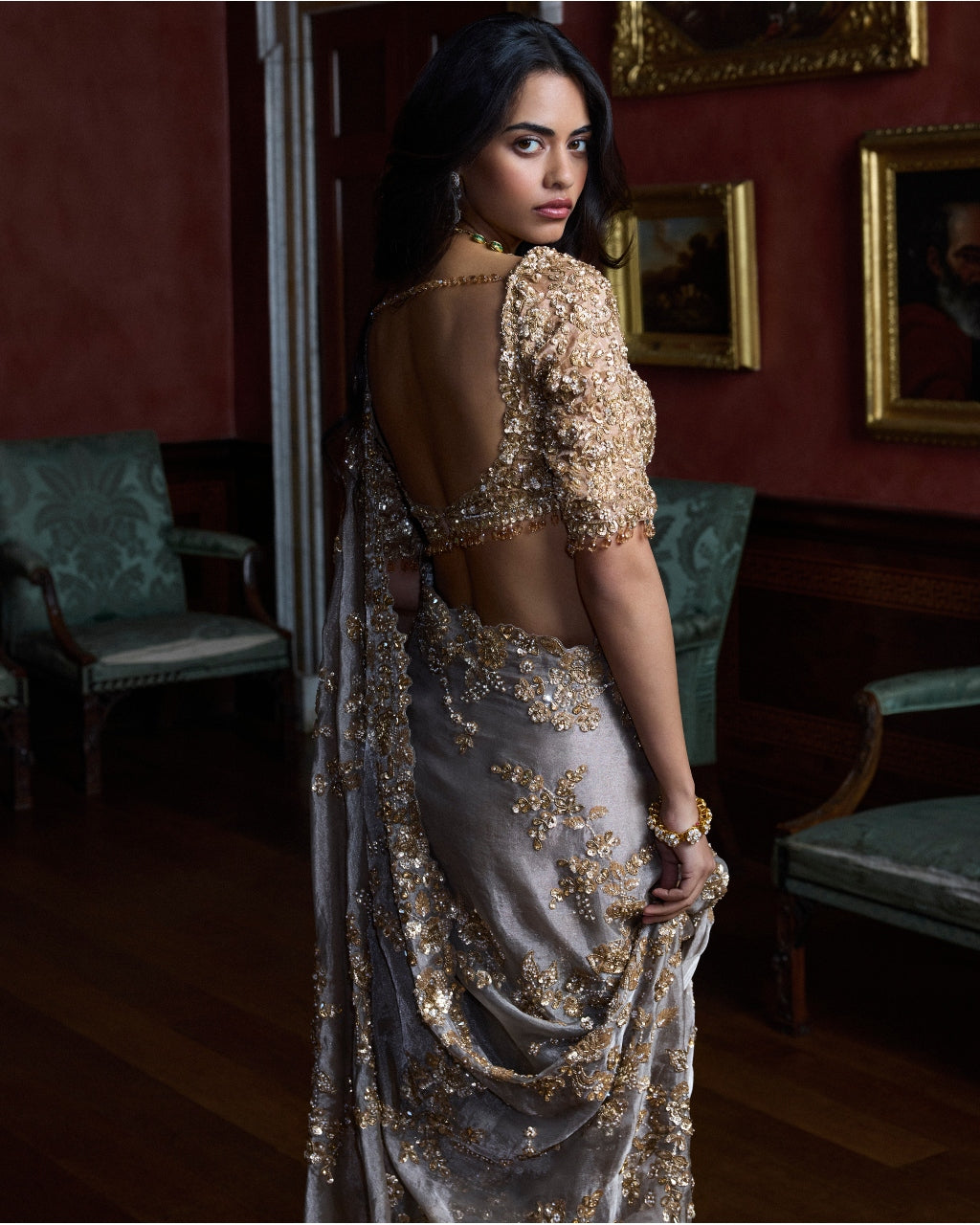 Gun Metal Sequin Sari Set