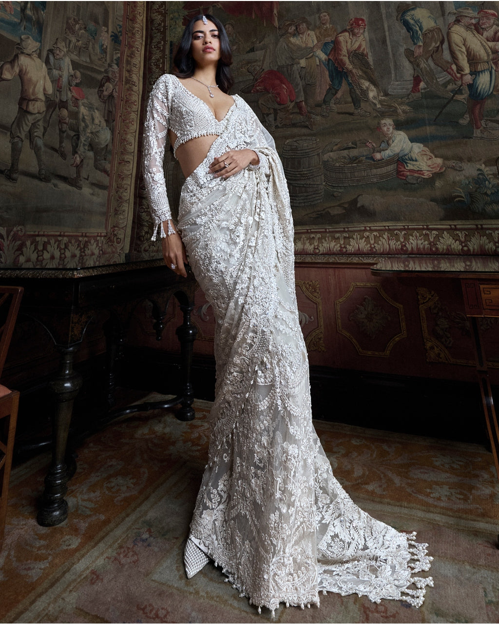 Ivory Pearl Sequin Sari Set