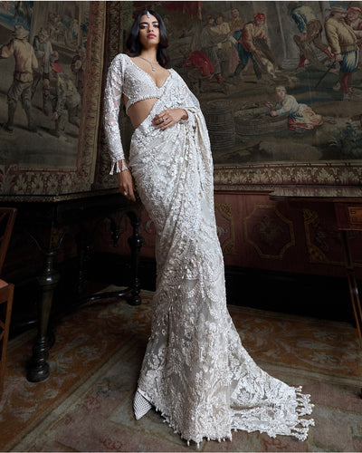 Ivory Pearl Sequin Sari Set