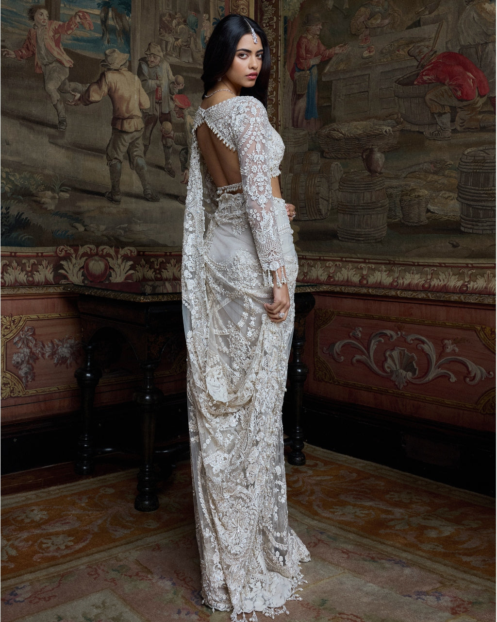 Ivory Pearl Sequin Sari Set