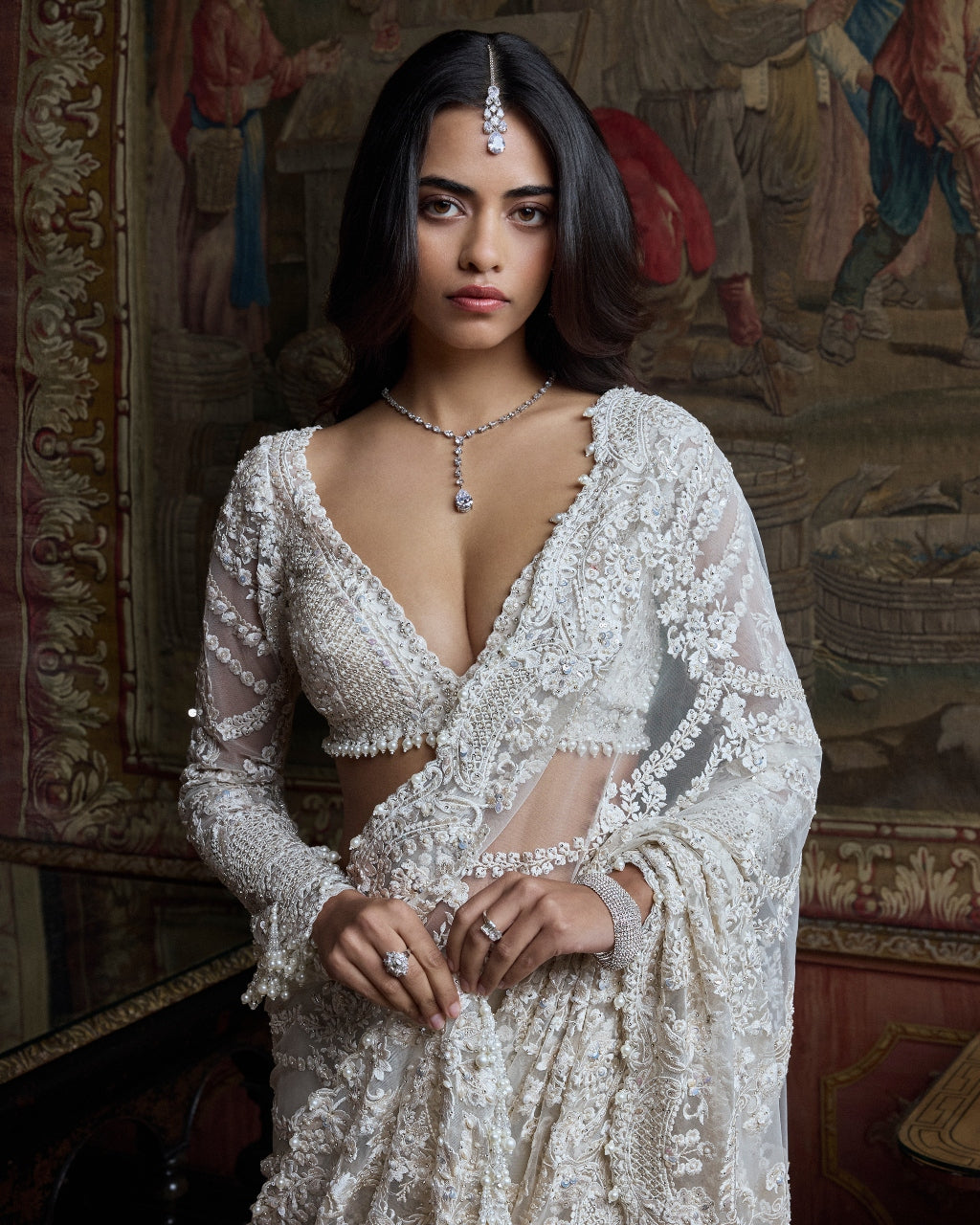 Ivory Pearl Sequin Sari Set