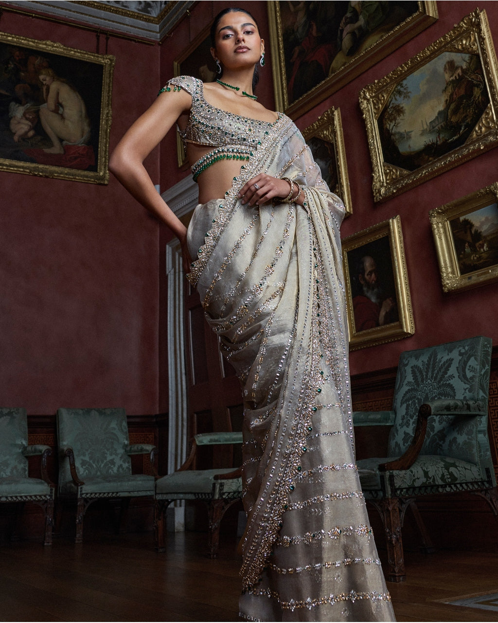Champagne Emerald Crystal Sari Set