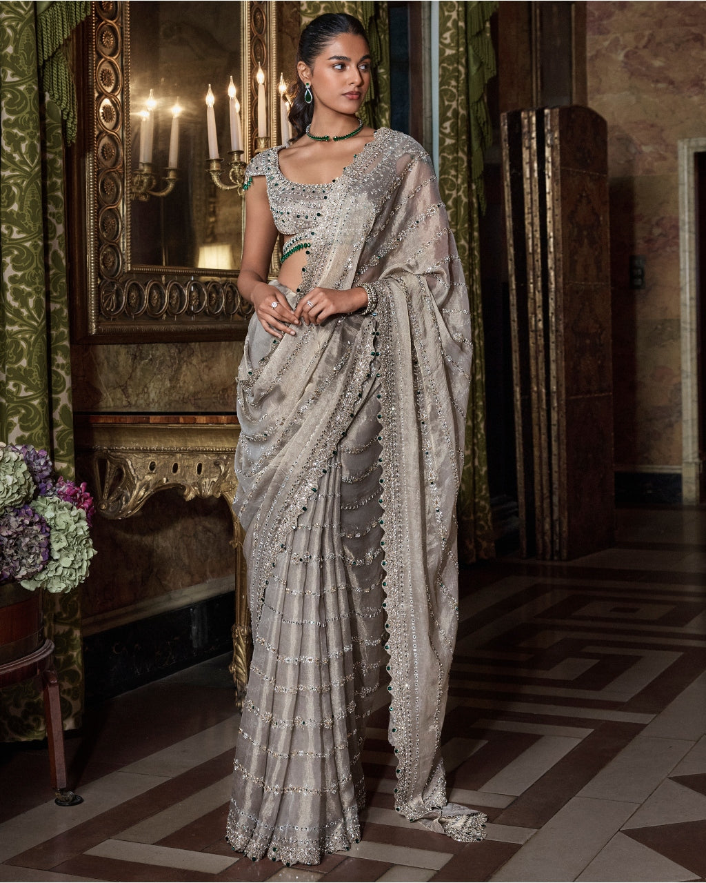 Champagne Emerald Crystal Sari Set
