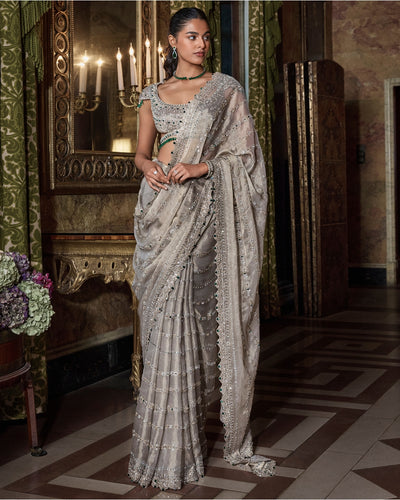 Champagne Emerald Crystal Sari Set