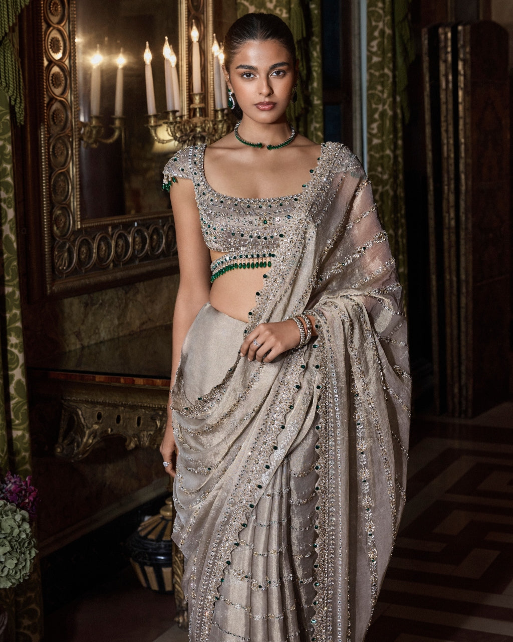 Champagne Emerald Crystal Sari Set
