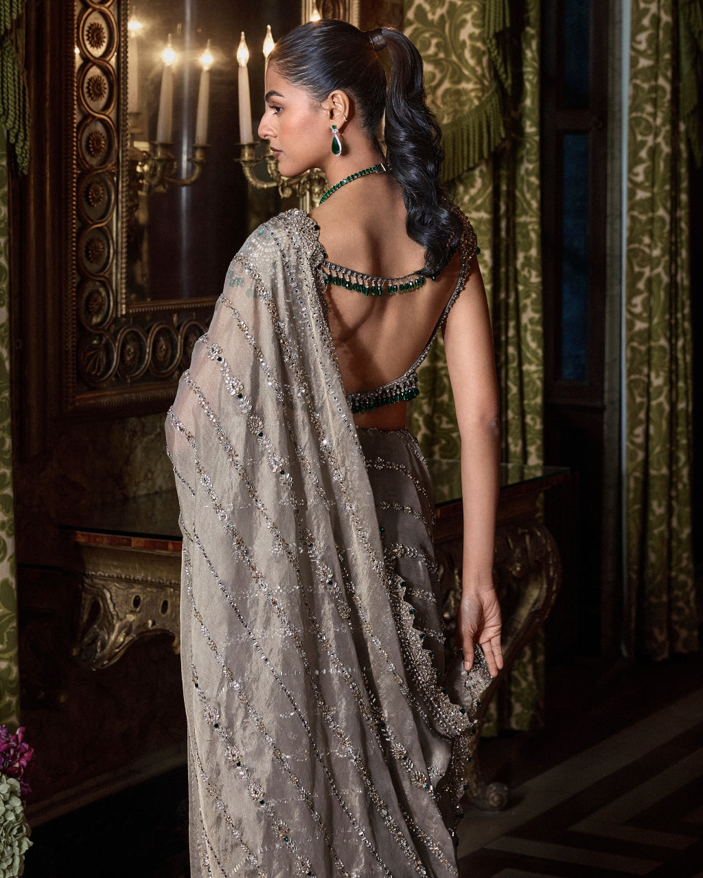 Champagne Emerald Crystal Sari Set