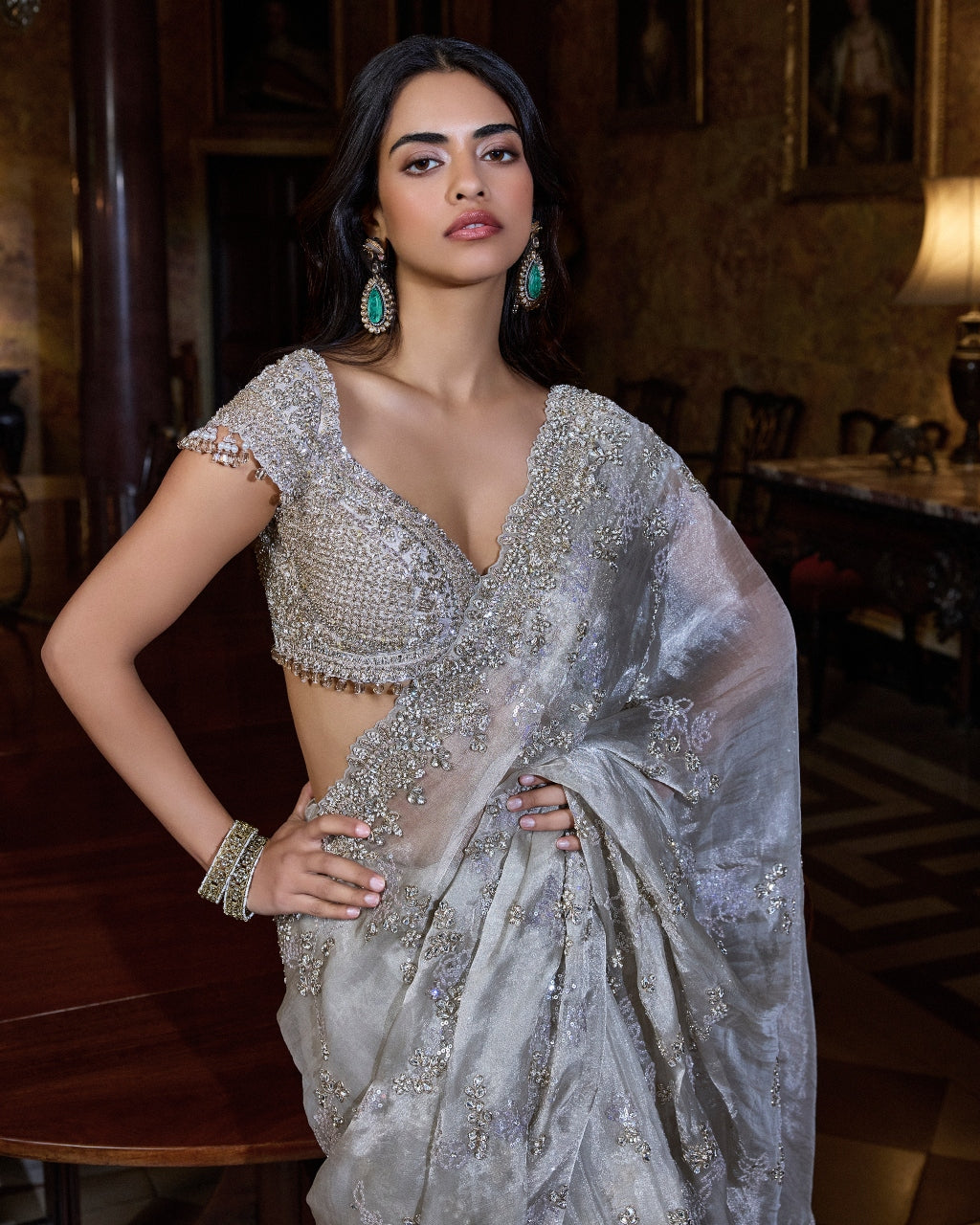 Champagne Zardosi Sari Set