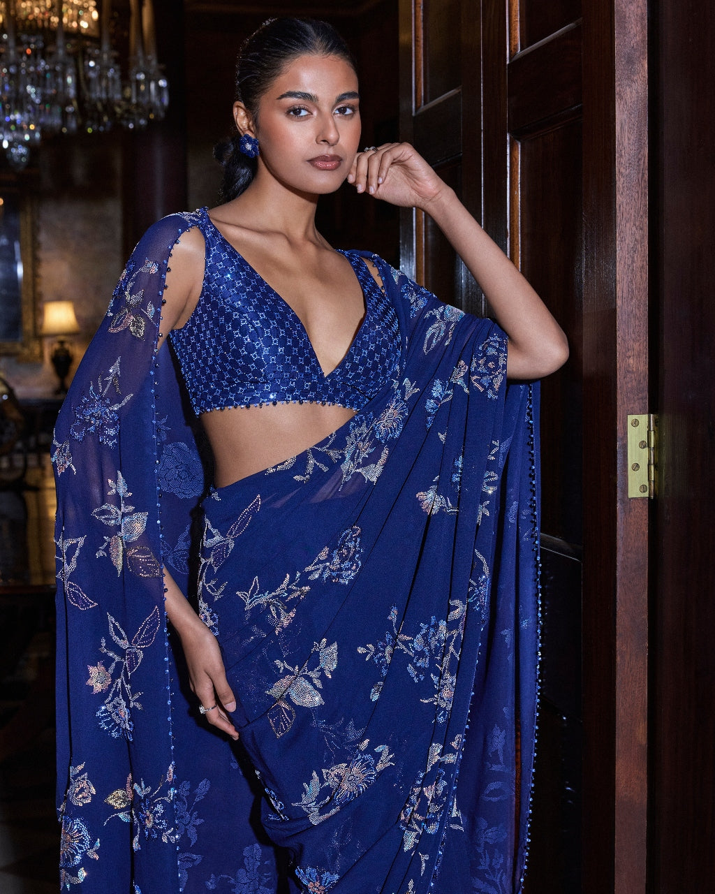 Navy Blue Floral Crystal Sari | Seema Gujral – KYNAH