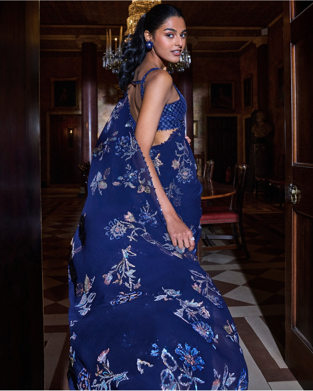 Navy Blue Floral Crystal Sari Set