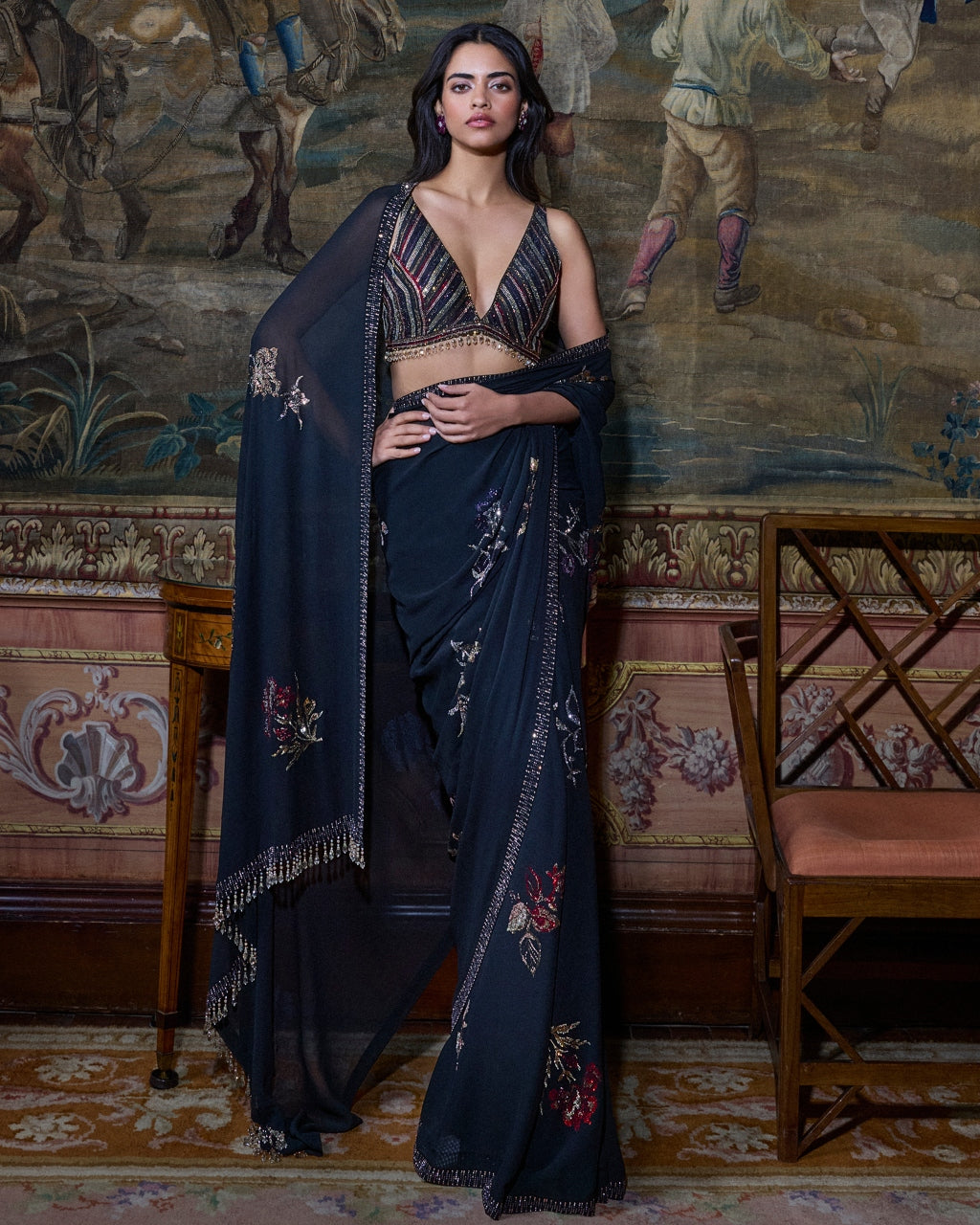 Black Crystal Georgette Sari Set