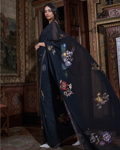 Black Crystal Georgette Sari Set