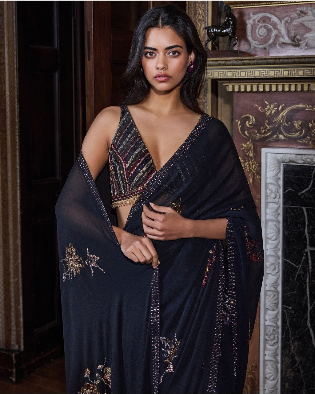 Black Crystal Georgette Sari Set