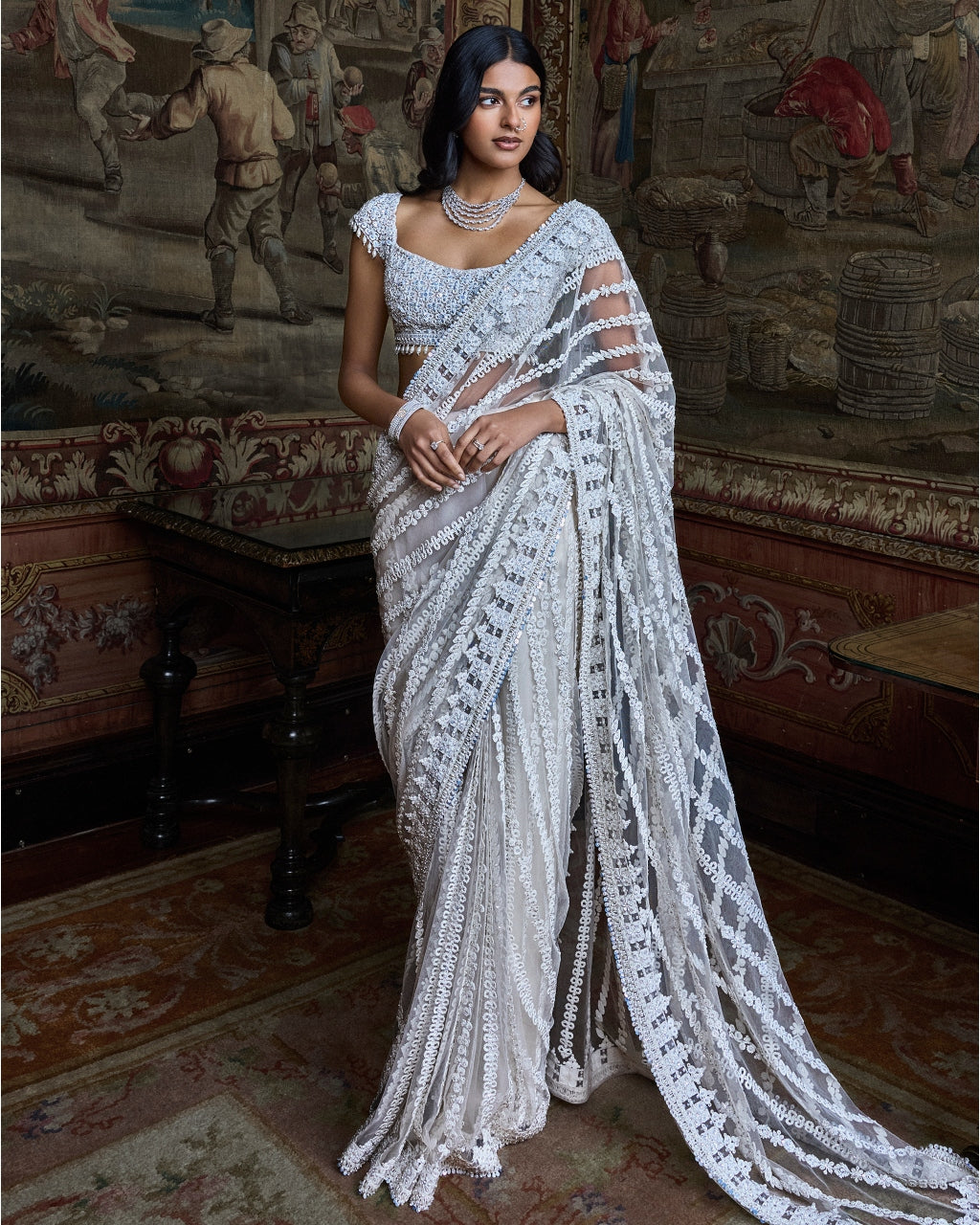 Slate Ivory Stripe Sari Set
