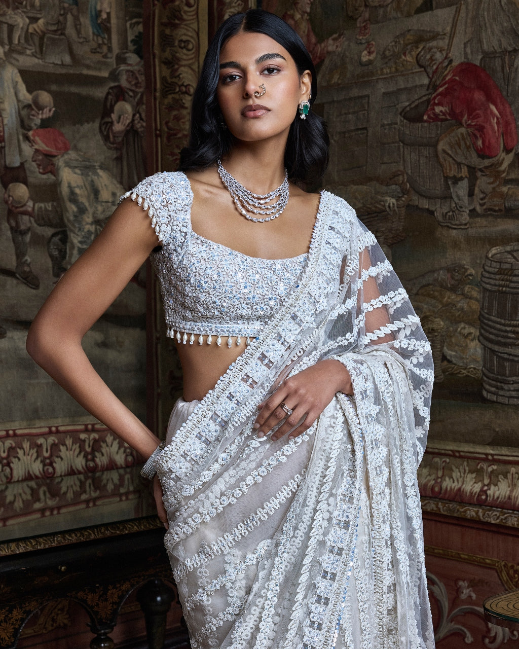 Slate Ivory Stripe Sari Set