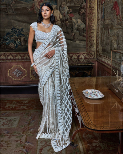 Slate Ivory Stripe Sari Set