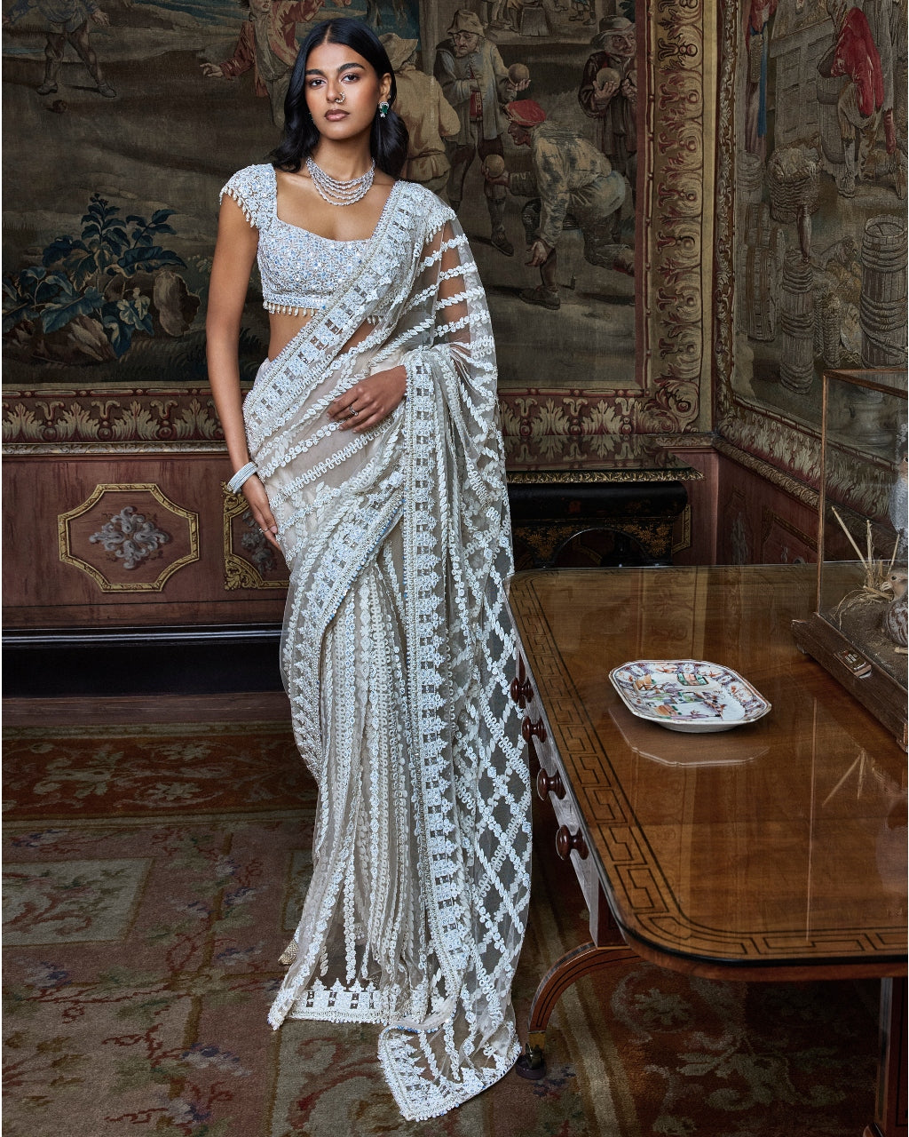 Slate Ivory Stripe Sari Set