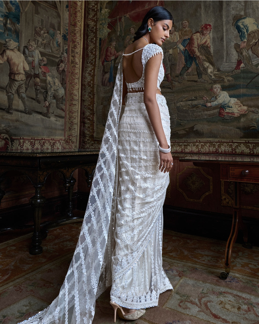 Slate Ivory Stripe Sari Set