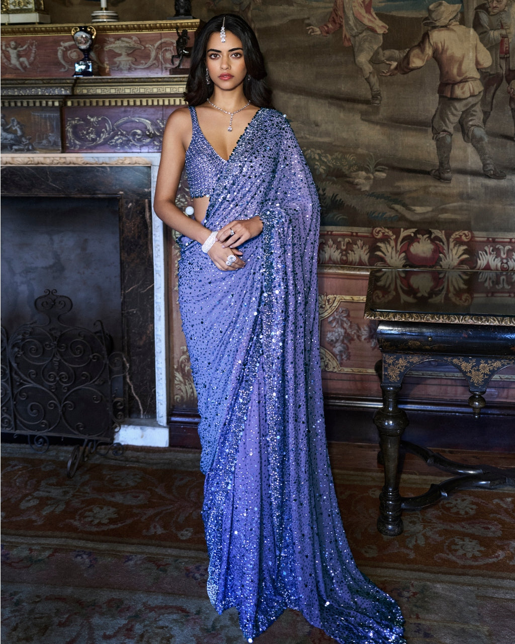 Mauve Sequin Sari Set