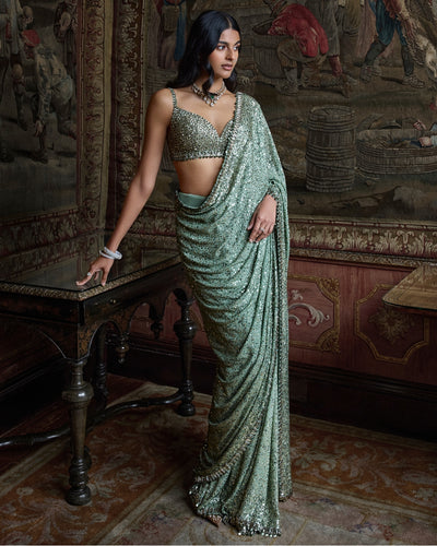 Moss Green Sequin Sari Set