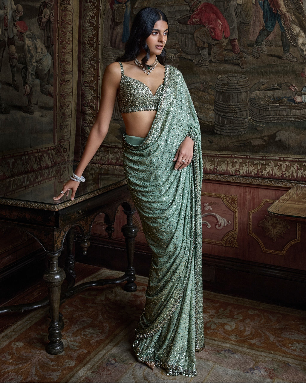 Moss Green Sequin Sari Set