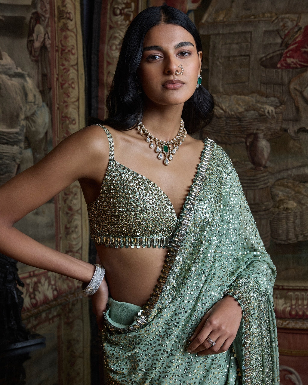 Moss Green Sequin Sari Set