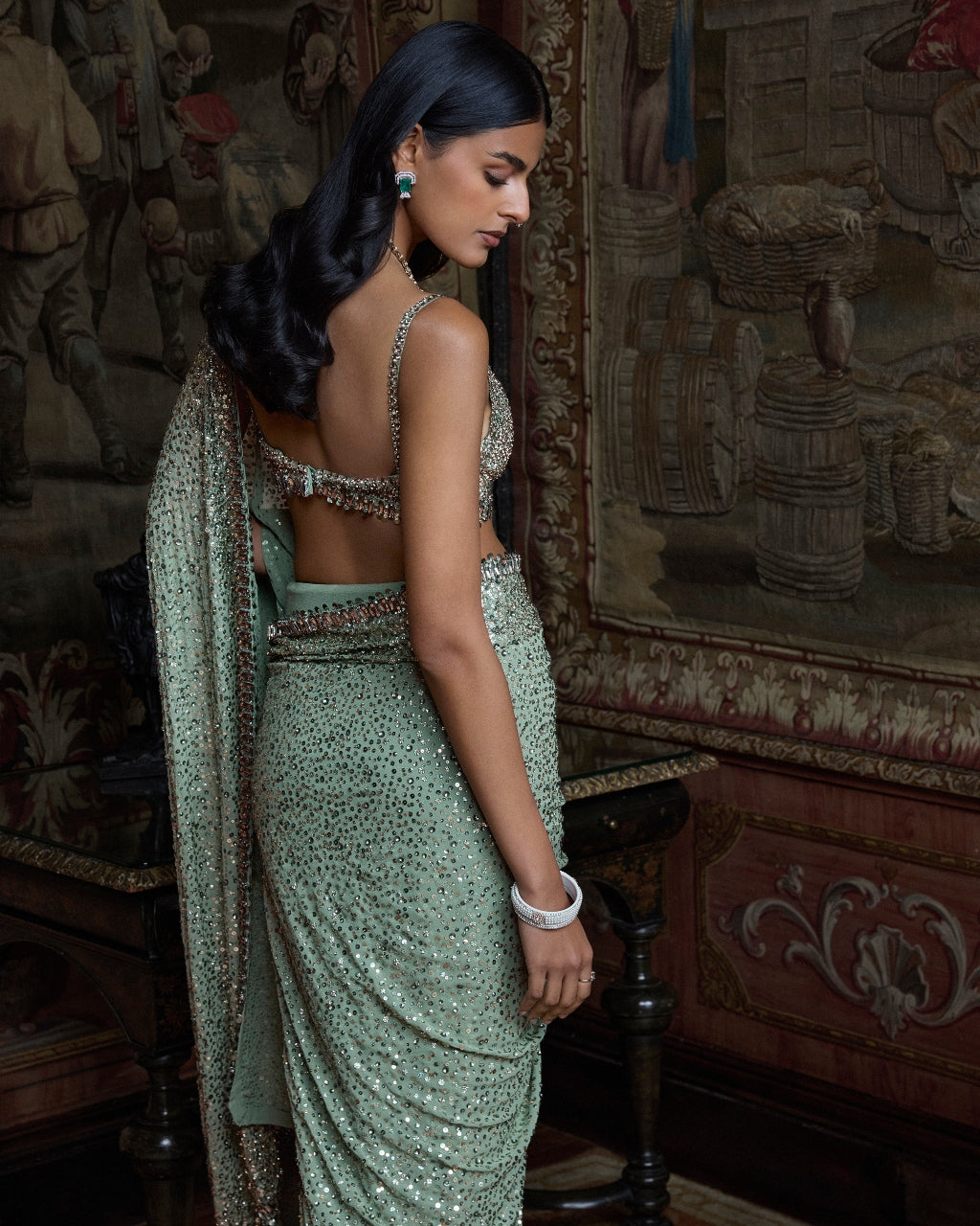 Moss Green Sequin Sari Set