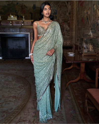 Moss Green Sequin Sari Set