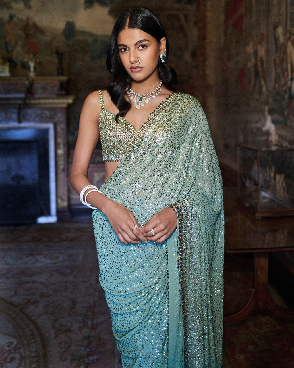 Moss Green Sequin Sari Set