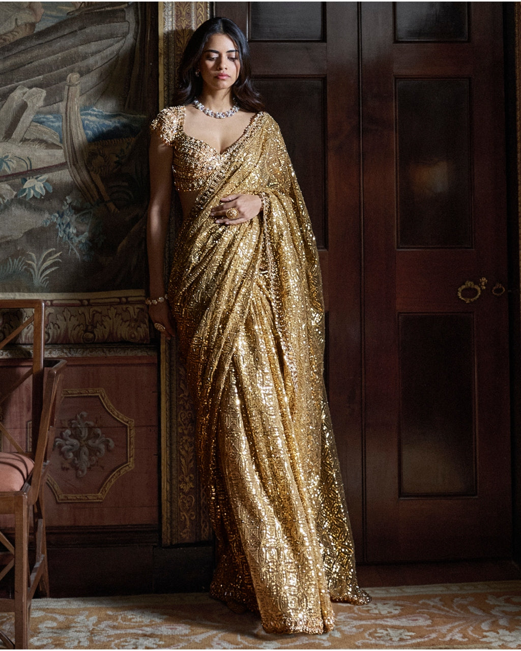 Antique Gold Crsytal Sari Set
