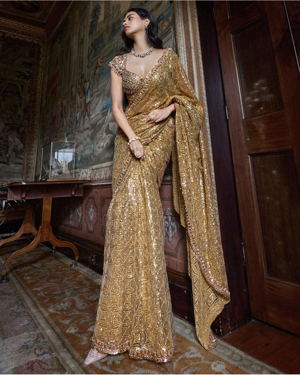 Antique Gold Crsytal Sari Set