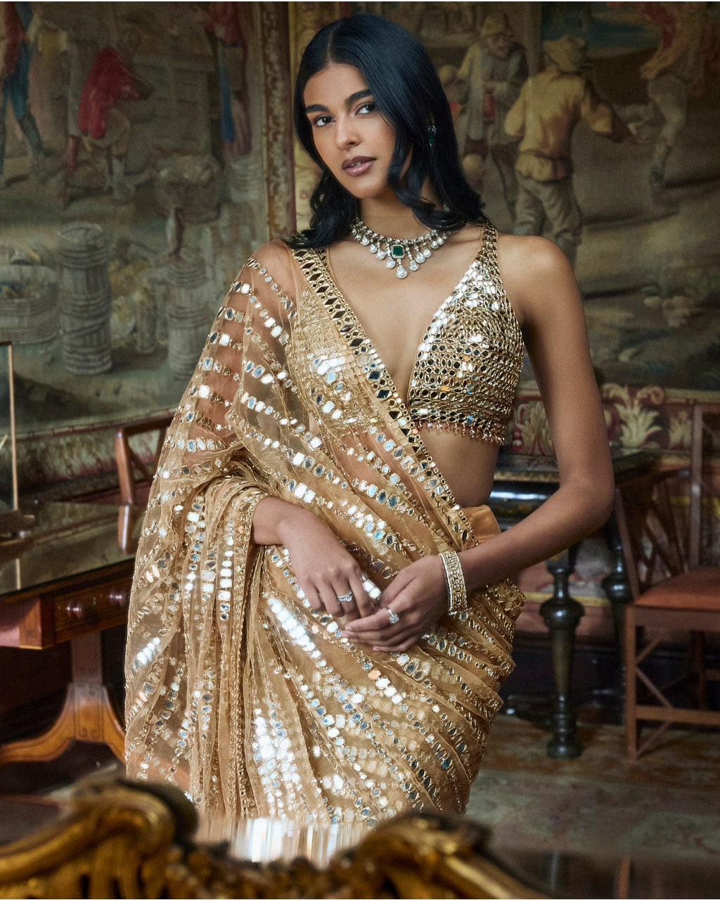 Gold Mirror Work Sari Set