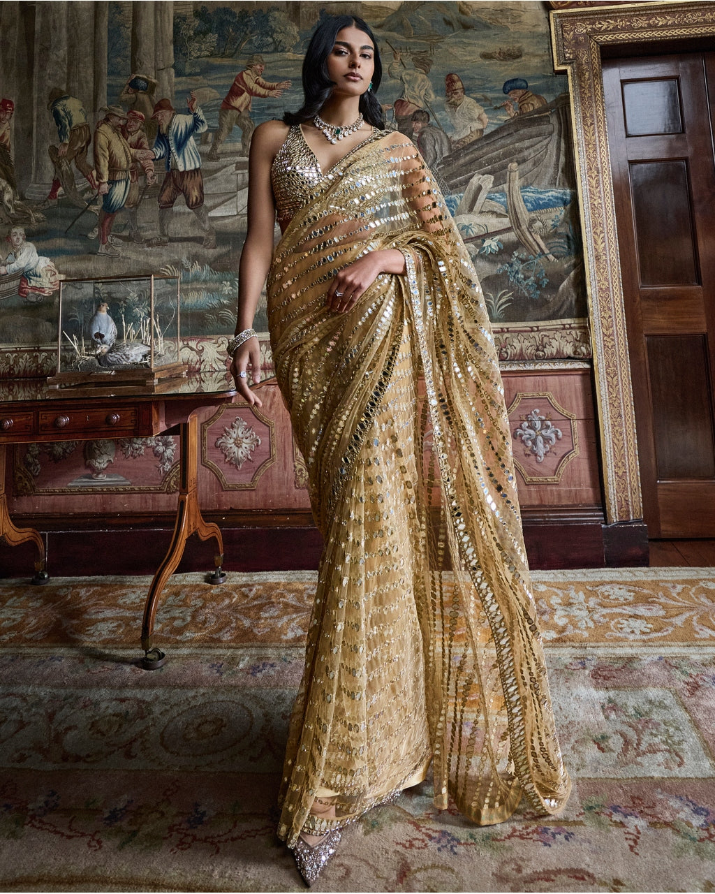Gold Mirror Work Sari Set