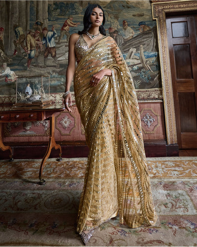 Gold Mirror Work Sari Set