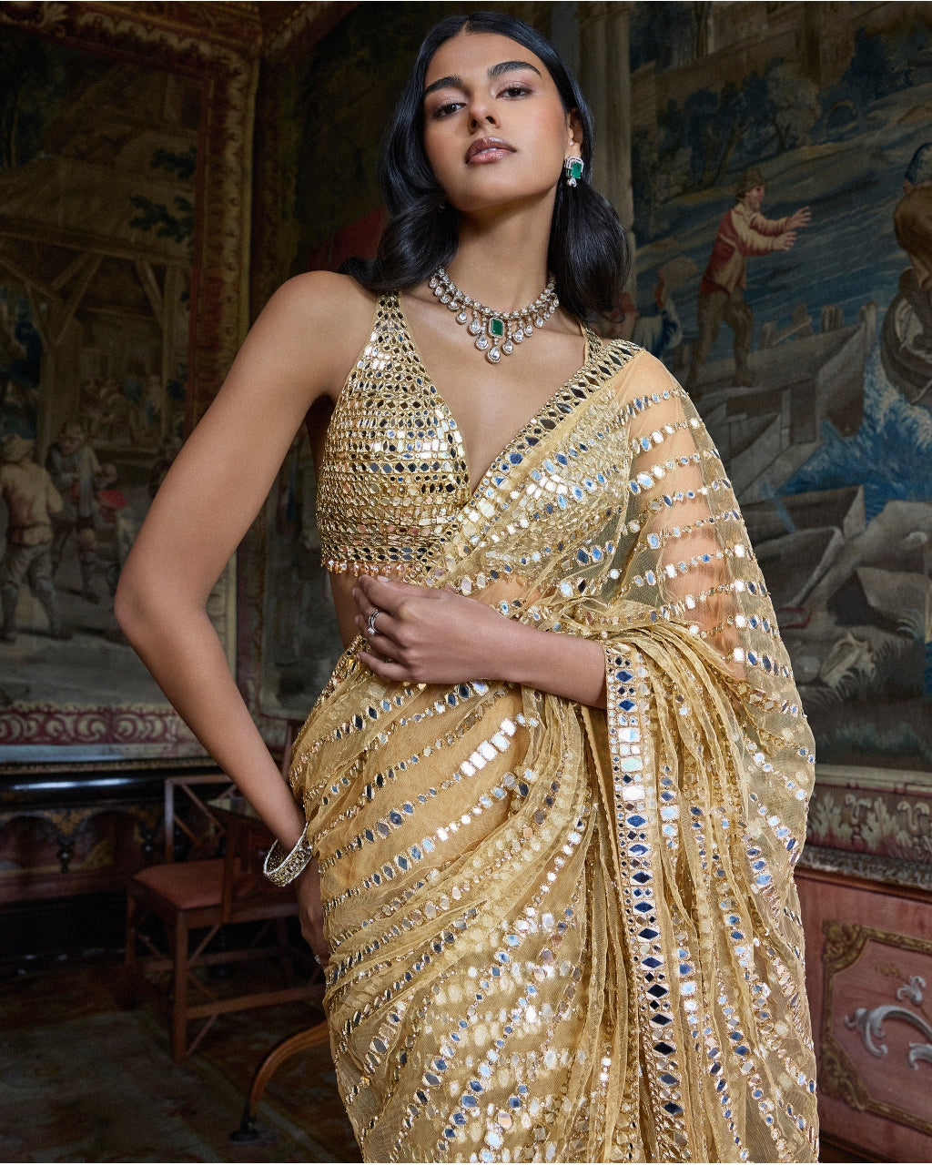 Gold Mirror Work Sari Set