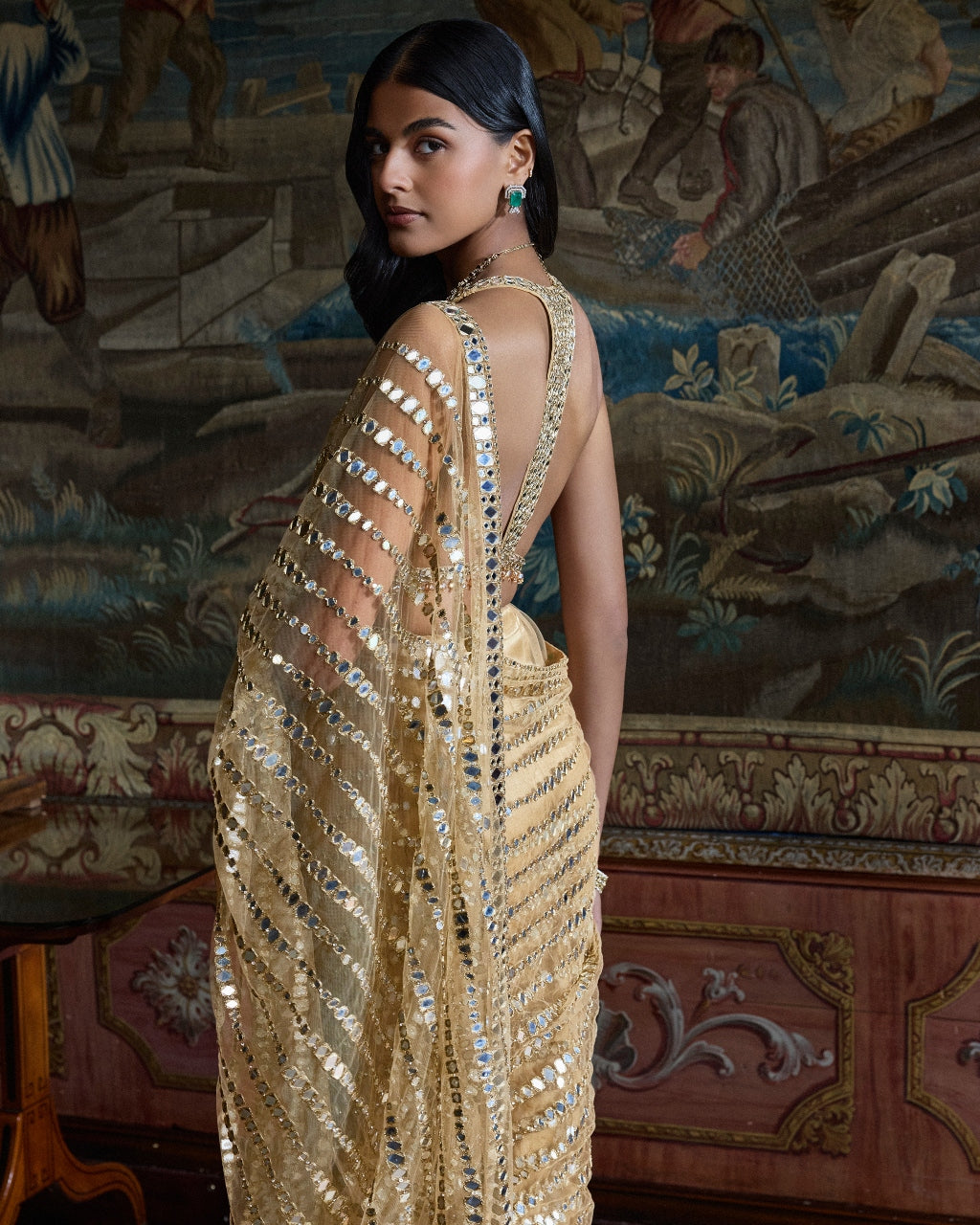 Gold Mirror Work Sari Set