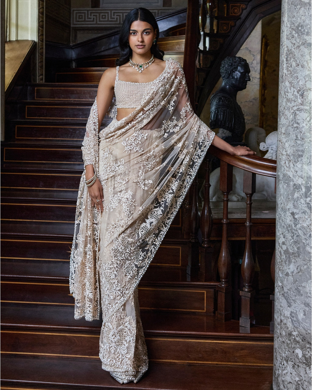 Nude Thread Work Sari Set