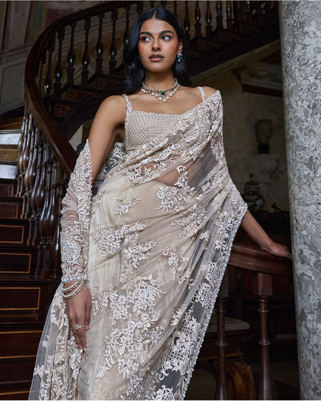 Nude Thread Work Sari Set