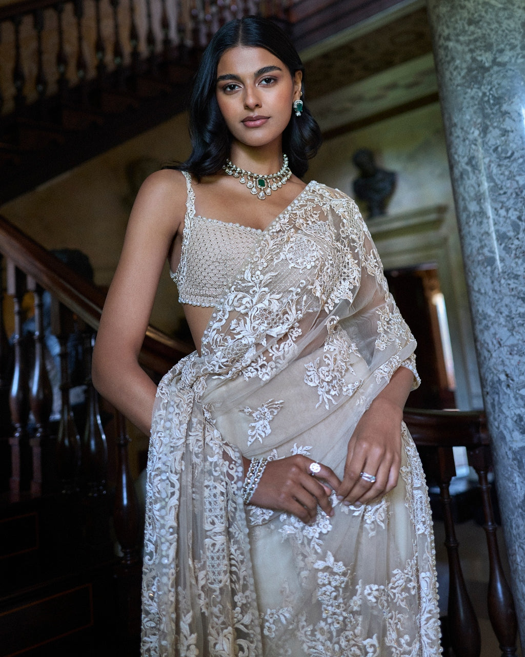 Nude Thread Work Sari Set